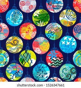 Christmas tree decoration colorful seamless pattern stars snowflakes. New Year forest landscape sketch design wallpaper texture. Hand drawn vector illustration.