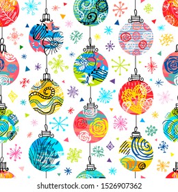 Christmas tree decoration colorful seamless pattern stars snowflakes. New Year forest landscape sketch design wallpaper texture. Hand drawn vector illustration.