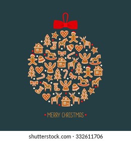 Christmas tree decoration. Cute winter holidays card. Xmas gingerbread cookies - xmas tree, candy cane, angel, bell, sock, gingerbread men, star, heart, deer, rocking horse.
