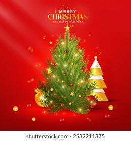 A Christmas tree decoration design with a ball, star, and ribbon on a red background. Red color Christmas background design with a realistic Xmas tree. Merry Christmas holiday poster design. 