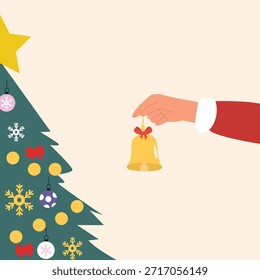 Diseño de la decoración del árbol de Navidad. Manos que decoran el árbol de navidad con los ornamentos Navidades felices y Anuncio feliz del año Nuevo, tarjeta de felicitación, cubierta del día de fiesta. Ilustración vectorial