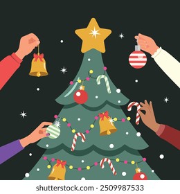 Christmas tree decoration design. Merry Christmas and Happy New Year banner, greeting card, holiday cover.