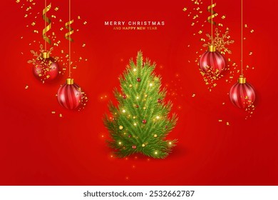 Plantilla de diseño de decoración de árboles de Navidad sobre un fondo blanco. Diseño de fondo de celebración de feliz Navidad con árbol de Navidad y bola de Navidad y cinta colgantes de color rojo. Vacaciones de Navidades realistas 