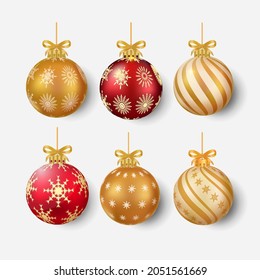 Christmas tree decoration elements with luxurious red and golden color and golden ribbon. 3D ball design with snowflake and stirp art. Realistic 3D ball design collection for Christmas tree decoration