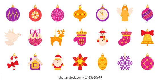 Christmas Tree decoration flat icons set. Simple toy symbol in cartoon style. Xmas Decor pictogram collection. Color vector illustration isolated on white. Graphic design element for card, print, logo