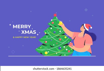 Christmas tree decoration. Flat vector symbol of smiling woman wearing santa red hat is decorating xmas tree for celebrating merry christmas and happy new year. Preparation for xmas celebration