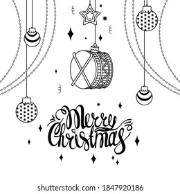 Christmas tree decoration in the form of a drum. New year's illustration. Vector. White background. Lettering. Merry Cristmas. Garlands. 