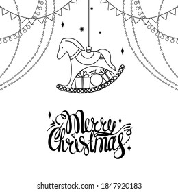 Christmas tree decoration in the form of a horse. New year's illustration. Vector. White background. Lettering. Merry Cristmas. Garlands. 