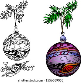 Christmas tree decoration in the form of a planet of the solar system Jupiter, new year  ball toy, vector illustration of black contours isolated on white background in hand drawn and clip art style