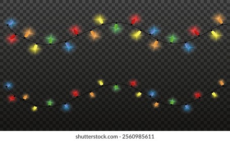 Christmas tree decoration garland on transparent background. Christmas holiday decor Vector illustration