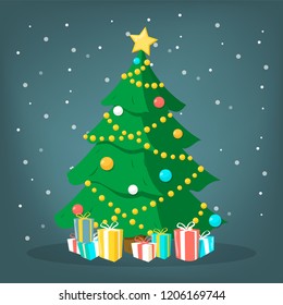 Christmas tree decoration with gift boxes around. Winter holiday green tree. Merry christmas greeting card. Vector isolated illsutration