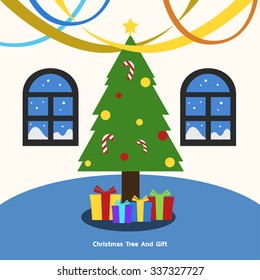 Christmas Tree with Decoration and Gift boxes in the living room, flat minimal design vector illustration.