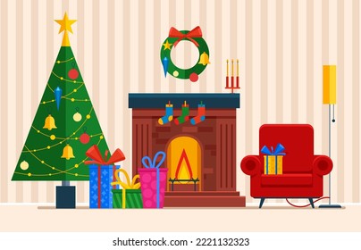 Christmas tree and decoration. Gifts and fireplace. Christmas room interior. Flat vector illustration.