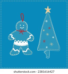 Christmas tree decoration - gingerbread man and Christmas tree. The decoration is sewn by hand from jeans, denim. Christmas Denim Collection