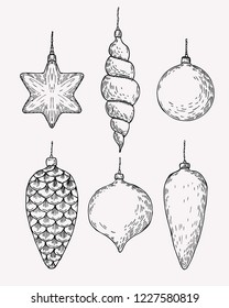 Christmas tree decoration. Hand drawn christmas balls and cones sketch.
