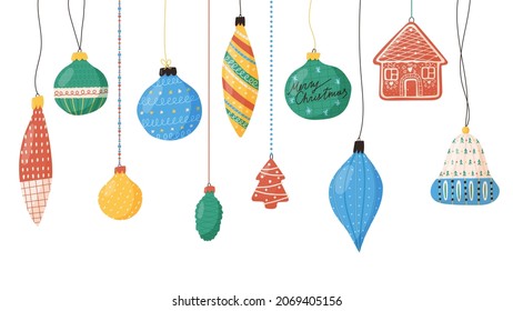 Christmas tree decoration hanging on string, flat vector illustration isolated on white background.