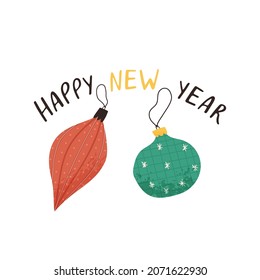 Christmas tree decoration with happy new year text, flat vector illustration isolated on white background.