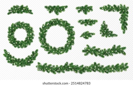 Christmas tree decoration. Holiday fir tree garland, festive corner, Christmas wreath. Winter season frame, branch with Christmas lights and glow. Transparent background can be removed in vector file.