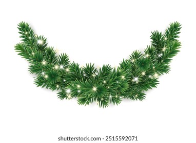 Christmas tree decoration. Holiday fir tree garland, festive Christmas divider. Winter season frame, realistic spruce branch with glowing Christmas lights. Transparent background in vector file.