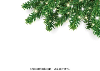 Christmas tree decoration. Holiday fir tree garland, festive Christmas corner. Winter season frame, realistic spruce branch with glowing Christmas lights. Transparent background in vector file.