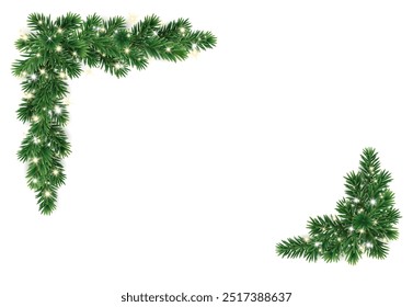 Christmas tree decoration. Holiday fir tree garland, festive Christmas corner. Winter season frame, realistic spruce branch with glowing Christmas lights. Transparent background in vector file.