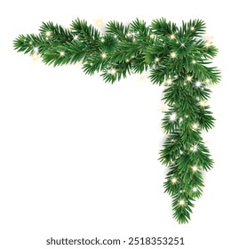 Christmas tree decoration. Holiday fir tree garland, festive Christmas corner. Winter season frame, realistic spruce branch with glowing Christmas lights. Transparent background in vector file.