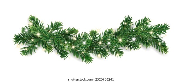 Christmas tree decoration. Holiday fir tree garland, festive Christmas divider. Winter season frame, realistic spruce branch with glowing Christmas lights. Transparent background in vector file.