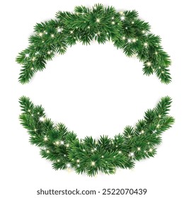 Christmas tree decoration. Holiday fir tree garland, festive Christmas frame. Winter season wreath, realistic spruce branch with glowing Christmas lights. Transparent background in vector file.