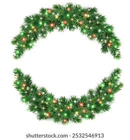 Christmas tree decoration. Holiday fir tree garland, festive Christmas frame. Winter season wreath, realistic spruce branch with glowing Christmas lights. Transparent background in vector file.