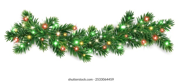 Christmas tree decoration. Holiday fir tree garland, festive Christmas divider. Winter season frame, spruce branch with colorful red and green Christmas lights. Transparent background in vector file.