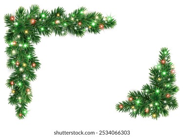 Christmas tree decoration. Holiday fir tree garland, festive corner. Winter season frame, realistic spruce branch with colorful red and green Christmas lights. Transparent background in vector file.