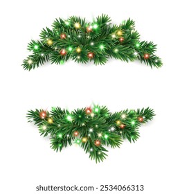 Christmas tree decoration. Holiday fir tree garland, festive Christmas frame. Winter season wreath, spruce branch with colorful red and green Christmas lights. Transparent background in vector file.