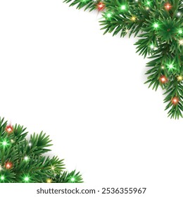 Christmas tree decoration. Holiday fir tree garland, festive corner. Winter season frame, realistic spruce branch with colorful red and green Christmas lights. Transparent background in vector file.