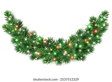 Christbaumschmuck. Tannenbaumgirlande, Weihnachtsteiler. Wintersaisonrahmen, Fichtenzweig mit bunten roten und grünen Weihnachtslichtern. Transparenter Hintergrund in Vektordatei.