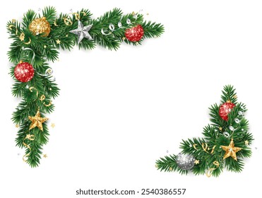 Christmas tree decoration. Holiday fir tree garland, festive corner. Winter season frame, realistic spruce branch with red and gold Christmas glitter ornaments. Transparent background in vector file.