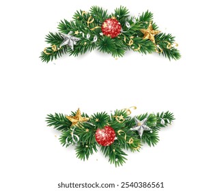 Decoración del árbol de Navidad. Guirnalda de abeto de Festiva, divisor de Navidades festivas. Marco de la temporada de invierno, rama de abeto con adornos de brillo de oro y Navidades rojas. Fondo transparente en el archivo de Vector.