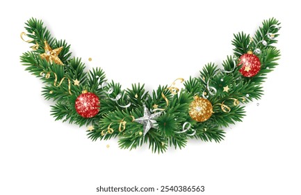 Christbaumschmuck. Tannenbaumgirlande, Weihnachtsteiler. Wintersaisonrahmen, Fichtenzweig mit goldenen und roten Weihnachtsglitzerornamenten. Transparenter Hintergrund in Vektordatei.