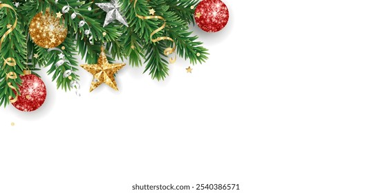 Christmas tree decoration. Holiday fir tree garland, festive corner. Winter season frame, realistic spruce branch with red and gold Christmas glitter ornaments. Transparent background in vector file.