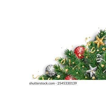 Christmas tree decoration. Holiday fir tree garland, festive corner. Winter season frame, realistic spruce branch with red and gold Christmas glitter ornaments. Transparent background in vector file.