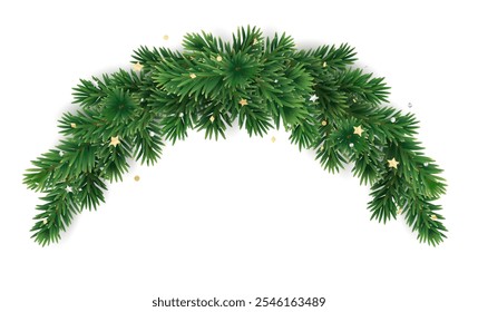 Christmas tree decoration. Holiday fir tree garland, festive Christmas divider. Winter season frame, realistic spruce branch with golden confetti. Transparent background in vector file.