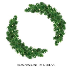 Christmas tree decoration. Holiday fir tree garland, festive Christmas frame. Winter season wreath, realistic spruce branch with golden confetti. Transparent background in vector file.