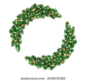 Christmas tree decoration. Holiday fir tree garland, festive Christmas frame. Winter season wreath, realistic spruce branch with glowing Christmas lights. Transparent background in vector file.