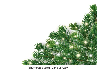 Christmas tree decoration. Holiday fir tree garland, festive Christmas corner. Winter season frame, realistic spruce branch with glowing Christmas lights. Transparent background in vector file.