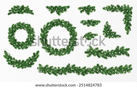 Christmas tree decoration. Holiday fir tree garland, festive corner, Christmas wreath. Winter season frame, branch with Christmas lights and glow. Transparent background can be removed in vector file.