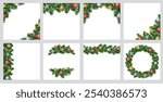 Christmas tree decoration. Holiday garland, festive corner, Christmas wreath. Frame, branch with Christmas glitter ornaments. Square format for social media. Transparent background in vector file.