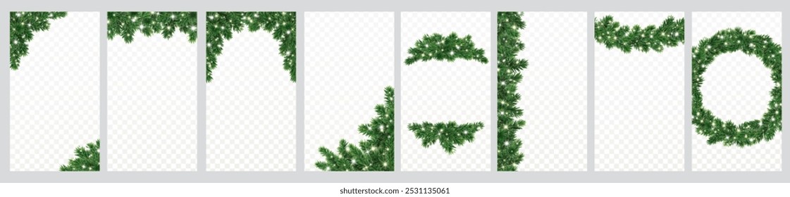 Christmas tree decoration. Holiday garland, festive corner, Christmas wreath. Frame, branch with Christmas lights. Vertical format for social media.Transparent background can be removed in vector file