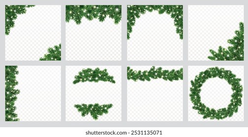 Christmas tree decoration. Holiday garland, festive corner, Christmas wreath. Frame, branch with Christmas lights. Square format for social media. Transparent background can be removed in vector file.