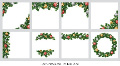 Christmas tree decoration. Holiday garland, festive corner, Christmas wreath. Frame, branch with Christmas glitter ornaments. Square format for social media. Transparent background in vector file.