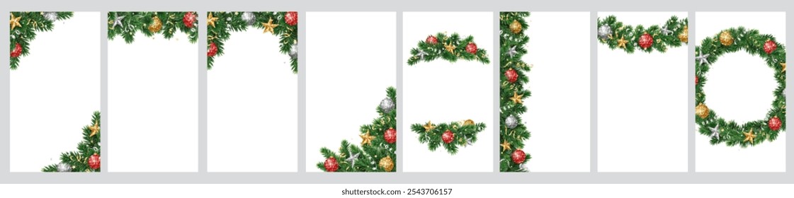 Christmas tree decoration. Holiday garland, festive corner, Christmas wreath. Frame, branch with Christmas glitter ornaments. Vertical format for social media. Transparent background in vector file.