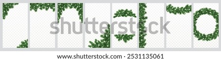 Christmas tree decoration. Holiday garland, festive corner, Christmas wreath. Frame, branch with Christmas lights. Vertical format for social media.Transparent background can be removed in vector file